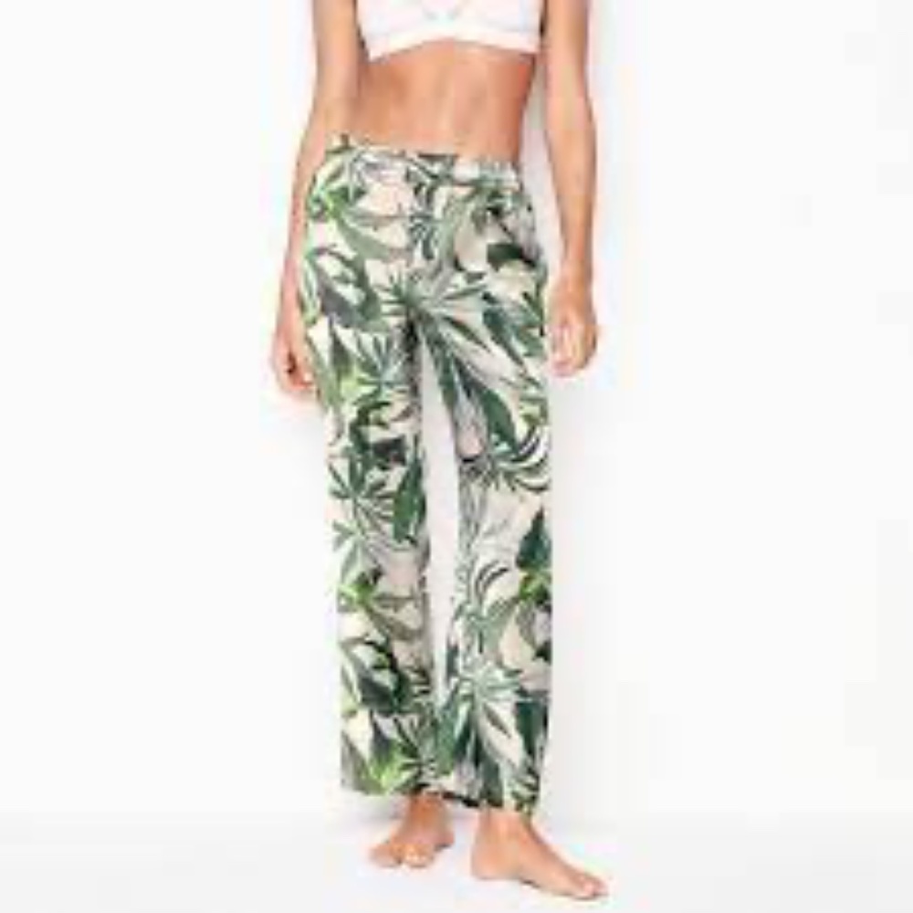 Victorias Secret Satin green Palm leaf resort, lounge pants, long length- Small